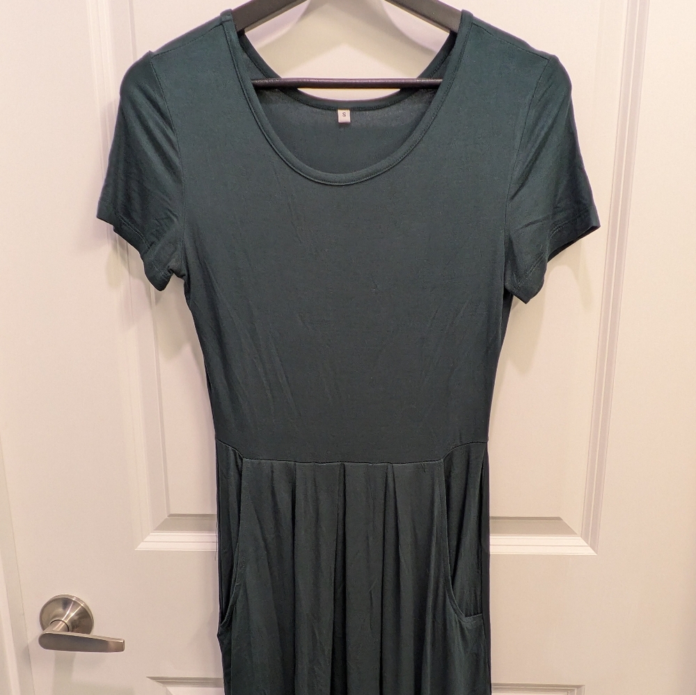 Pleated Swing Dress Short Sleeve Casual T Shirt Loose Dress with Pockets SZ Smal